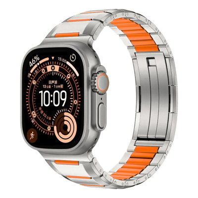Apple Watch 7 45mm Zore KRD-155 Metal Silikon Kordon Titanyum-Turuncu