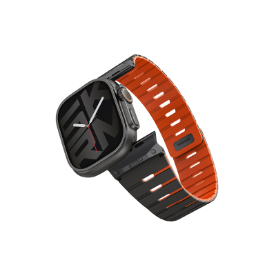Apple Watch Ultra 49mm Skinarma Gemini Serisi TPU Magnetik Silikon Kordon Siyah-Turuncu