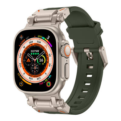 Apple Watch Ultra 49mm Zore KRD-101 Titanium Metal Head Silicone Band Yeşil-Titanyum