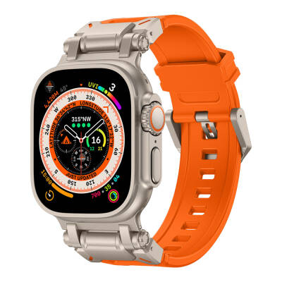 Apple Watch Ultra 49mm Zore KRD-101 Titanium Metal Head Silicone Band Turuncu-Titanyum