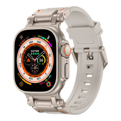 Apple Watch Ultra 49mm Zore KRD-101 Titanium Metal Head Silicone Band Starlight-Titanyum