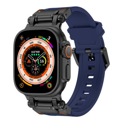 Apple Watch Ultra 49mm Zore KRD-101 Titanyum Metal Başlıklı Silikon Kordon Siyah-Mavi