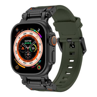 Apple Watch Ultra 49mm Zore KRD-101 Titanyum Metal Başlıklı Silikon Kordon Siyah-Yeşil