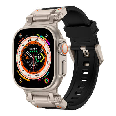 Apple Watch Ultra 49mm Zore KRD-101 Titanyum Metal Başlıklı Silikon Kordon Siyah-Titanyum