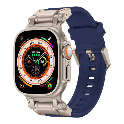 Apple Watch Ultra 49mm Zore KRD-101 Titanyum Metal Başlıklı Silikon Kordon Mavi-Titanyum