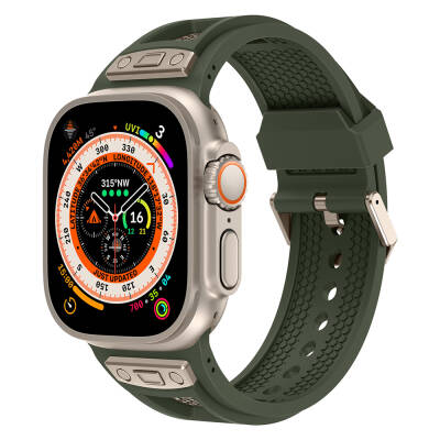 Apple Watch Ultra 49mm Zore KRD-117 Breathable Perforated Metal Decorated Patterned Silicone Band Titanyum-Yeşil