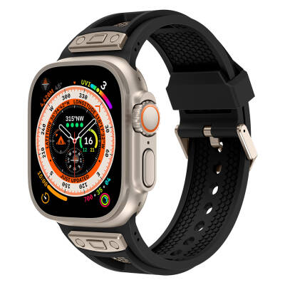 Apple Watch Ultra 49mm Zore KRD-117 Breathable Perforated Metal Decorated Patterned Silicone Band Titanyum-Siyah