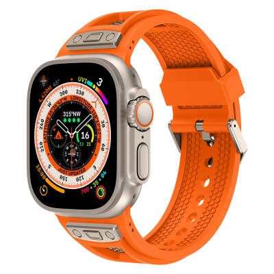 Apple Watch Ultra 49mm Zore KRD-117 Breathable Perforated Metal Decorated Patterned Silicone Band Titanyum-Turuncu