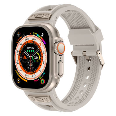 Apple Watch Ultra 49mm Zore KRD-117 Hava Alabilen Delikli Metal Süslemeli Desenli Silikon Kordon Titanyum-Starlight