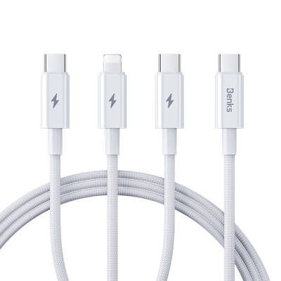 Benks D46 Type-C to Type-C & Type-C & Lightning PD3.0 Braided Charging and Data Cable 100W 1.2 Meters White