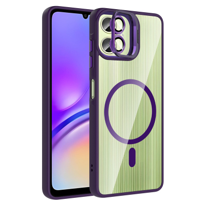 Galaxy A06 Kılıf Standlı ve Kamera Lens Hediyeli M-Safe Şarj Özellikli Zore Etro Kapak Derin Mor