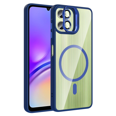 Galaxy A06 Kılıf Standlı ve Kamera Lens Hediyeli M-Safe Şarj Özellikli Zore Etro Kapak Lacivert