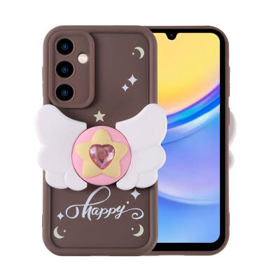 Galaxy A15 Case Camera Protected Butterfly Design Zore Kapya Cover Koyu Kahve