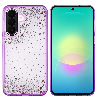 Galaxy A27 Case Airbag Design Drop Stone Embellished Transparent Zore Pera Silicone Cover Purple