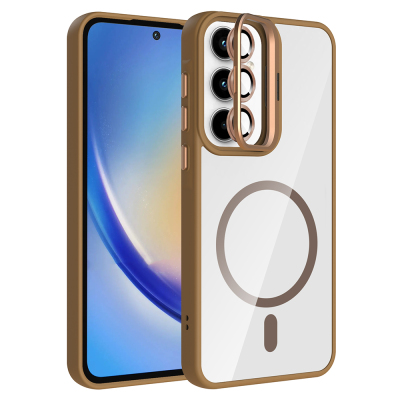 Galaxy A35 Kılıf Standlı ve Kamera Lens Hediyeli M-Safe Şarj Özellikli Zore Etro Kapak Desert Titanyum