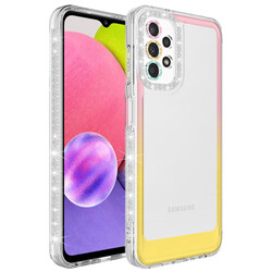 Galaxy A52 Kılıf Simli ve Renk Geçiş Tasarımlı Lens Korumalı Zore Park Kapak Pembe-Sarı