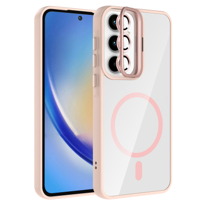Galaxy A55 Kılıf Standlı ve Kamera Lens Hediyeli M-Safe Şarj Özellikli Zore Etro Kapak Pembe