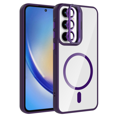 Galaxy A55 Kılıf Standlı ve Kamera Lens Hediyeli M-Safe Şarj Özellikli Zore Etro Kapak Derin Mor