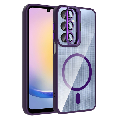Galaxy A56 Kılıf Standlı ve Kamera Lens Hediyeli M-Safe Şarj Özellikli Zore Etro Kapak Derin Mor