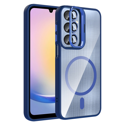 Galaxy A56 Kılıf Standlı ve Kamera Lens Hediyeli M-Safe Şarj Özellikli Zore Etro Kapak Lacivert
