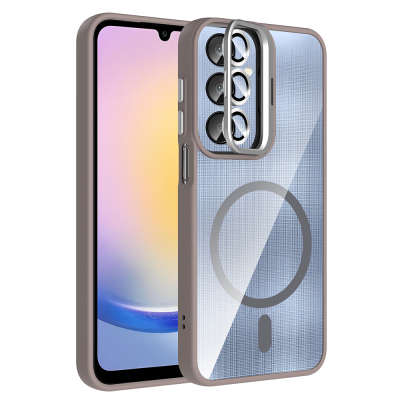 Galaxy A56 Kılıf Standlı ve Kamera Lens Hediyeli M-Safe Şarj Özellikli Zore Etro Kapak Gri