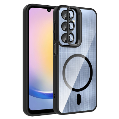 Galaxy A56 Kılıf Standlı ve Kamera Lens Hediyeli M-Safe Şarj Özellikli Zore Etro Kapak Siyah
