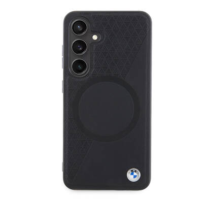 Galaxy S24 Case BMW Original Licensed Magsafe Half Textured Circle Leather Cover with Charging Feature Black