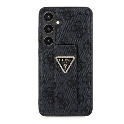 Galaxy S24 Case Guess Original Licensed 4G Patterned Triangle Logo Leather Cover with Stand Black