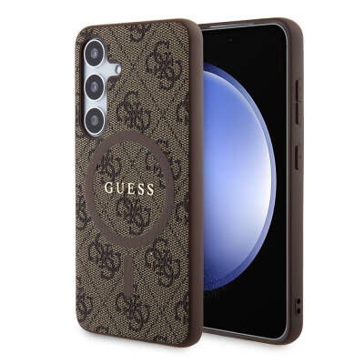 Galaxy S24 Case Guess Original Licensed Magsafe Charging Featured PU Ring 4G Patterned Text Logo Cover Brown