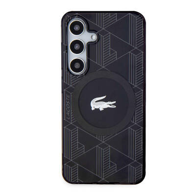 Galaxy S24 Case Lacoste Original Licensed Magsafe Charging Featured Double Layer Crocodile Logo Blend Monogram Cover Black