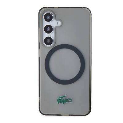 Galaxy S24 Case Lacoste Original Licensed Magsafe Transparent Crocodile Logo Printed Cover with Charging Feature Black