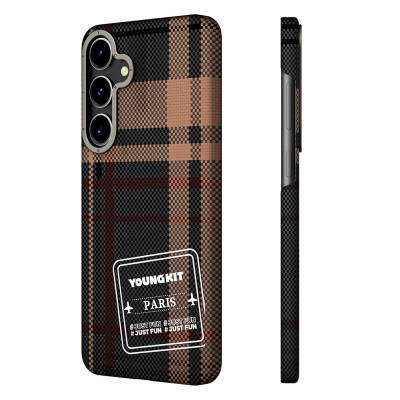 Galaxy S24 Case Plaid Patterned Youngkit Gezhi Series Cover Brown