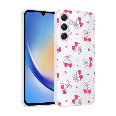 Galaxy S24 FE Kılıf Kamera Korumalı Desenli Zore Klip Kapak Kalpli Kiraz