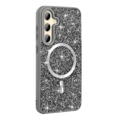 Galaxy S24 FE Kılıf Pırlanta Tasarımlı M-safe Şarj Özellikli Zore Mozaik Silikon Kapak Titanyum-Gri