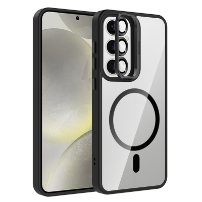 Galaxy S24 FE Kılıf Standlı ve Kamera Lens Hediyeli M-Safe Şarj Özellikli Zore Etro Kapak Siyah