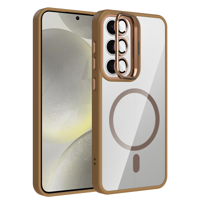Galaxy S24 FE Kılıf Standlı ve Kamera Lens Hediyeli M-Safe Şarj Özellikli Zore Etro Kapak Desert Titanyum