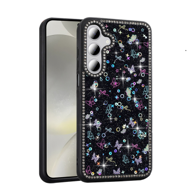 Galaxy S24 FE Kılıf Taşlı ve Simli Tasarım Zore Azra Kapak Siyah