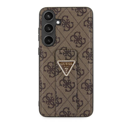 Galaxy S24 Plus Case Guess Original Licensed 4G Patterned Triangle Logo Leather Cover with Stand Brown