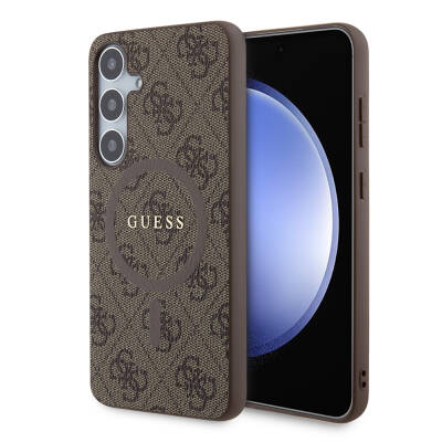 Galaxy S24 Plus Case Guess Original Licensed Magsafe Charging Featured PU Ring 4G Patterned Text Logo Cover Brown