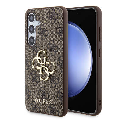 Galaxy S24 Plus Case Guess Original Licensed PU Leather Text and 4G Metal Logo Patterned Cover Brown