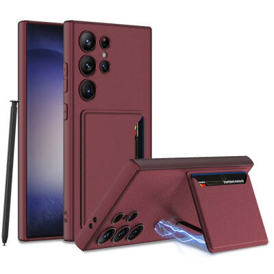 Galaxy S24 Ultra Artificial Leather Back Surface Zore Card Holder Kıpta Silicone Cover Plum