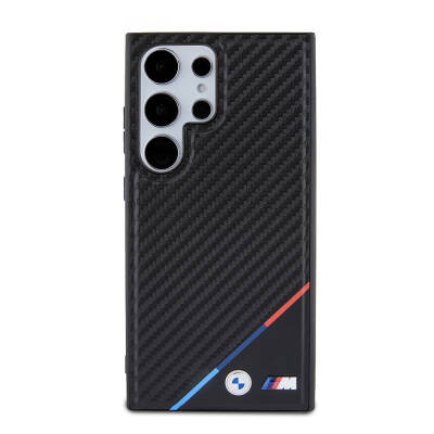 Galaxy S24 Ultra Case BMW Original Licensed Three Stripes PU Carbon Cover with M Logo with Magsafe Charging Feature Black