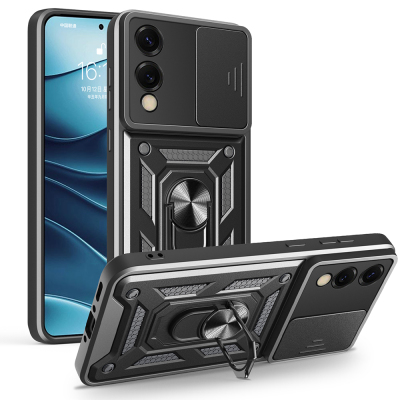 Galaxy S25 Edge Kılıf Magnetik Standlı Kamera Korumalı Zore Sürgülü Vega Kapak Siyah