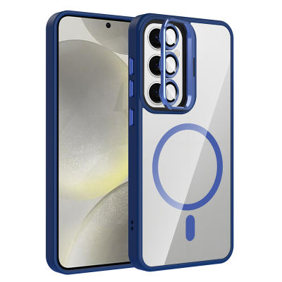 Galaxy S25 FE Case with Stand and Camera Lens Gift Zore Etro Cover with M-Safe Charging Function Navy blue