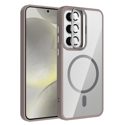 Galaxy S25 FE Case with Stand and Camera Lens Gift Zore Etro Cover with M-Safe Charging Function Grey
