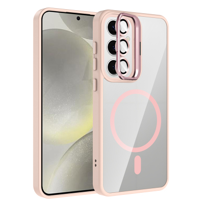 Galaxy S25 FE Kılıf Standlı ve Kamera Lens Hediyeli M-Safe Şarj Özellikli Zore Etro Kapak Pembe