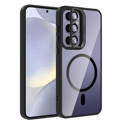 Galaxy S25 Plus Kılıf Standlı ve Kamera Lens Hediyeli M-Safe Şarj Özellikli Zore Etro Kapak Siyah