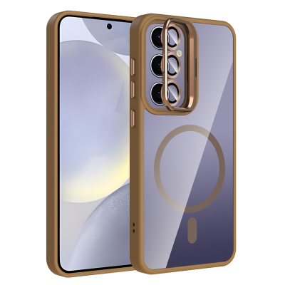 Galaxy S25 Plus Kılıf Standlı ve Kamera Lens Hediyeli M-Safe Şarj Özellikli Zore Etro Kapak Desert Titanyum