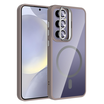 Galaxy S25 Plus Kılıf Standlı ve Kamera Lens Hediyeli M-Safe Şarj Özellikli Zore Etro Kapak Gri