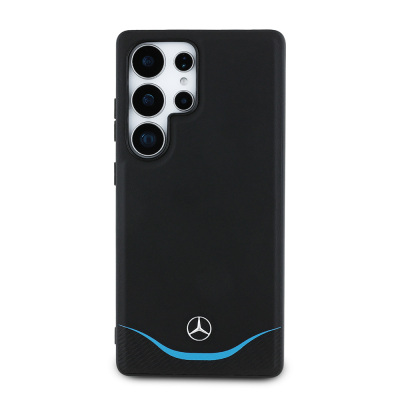 Galaxy S25 Ultra Case Mercedes Benz Original Licensed Magsafe Charging 3D Metal Logo Blue Horizontal Curved Striped Leather Cover Black